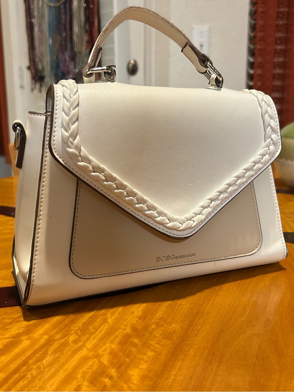 BCBGMaxAzria White Braided-Trim Top Handle Satchel